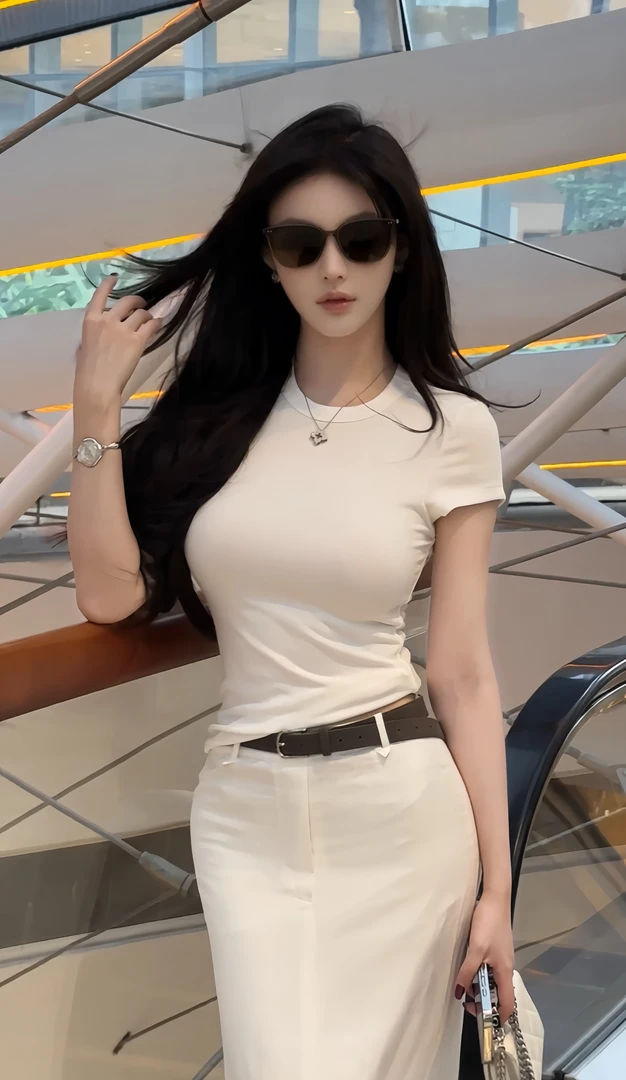 GABBY 人棉正肩短T亚麻直筒休闲百搭后开叉含皮带半身裙套装L1480