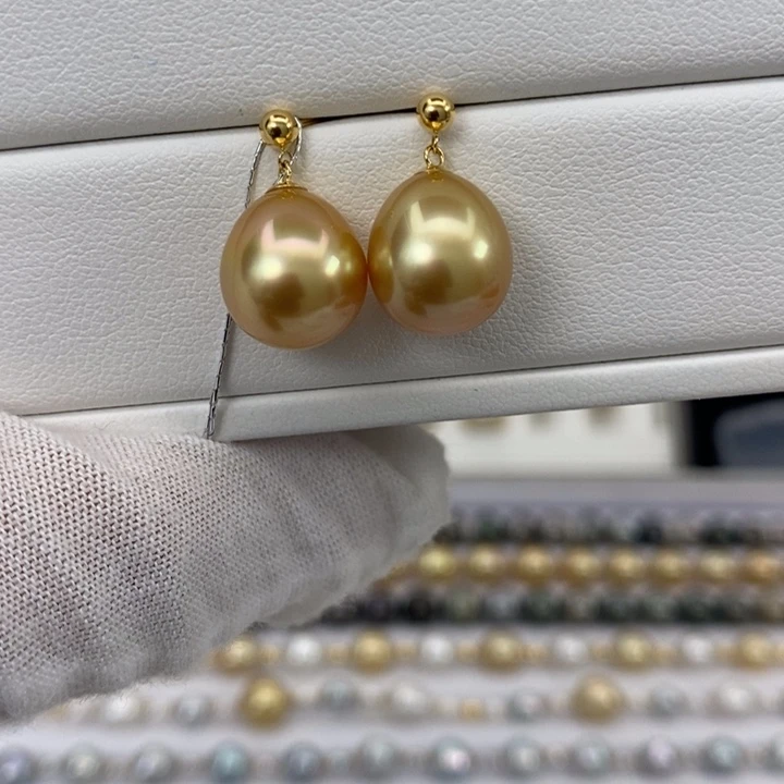 18K金镶嵌海水珍珠耳饰金珠10-11m m