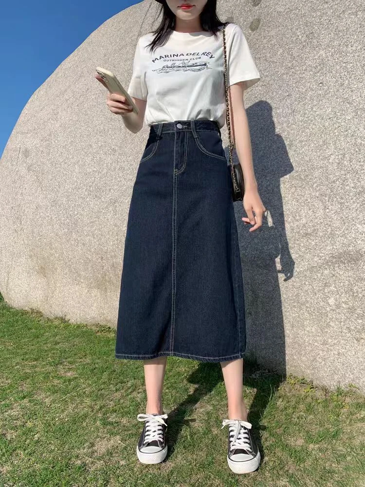 2025年大码开叉裙复古牛仔裙韩版百搭春款高腰显瘦中长款半身裙