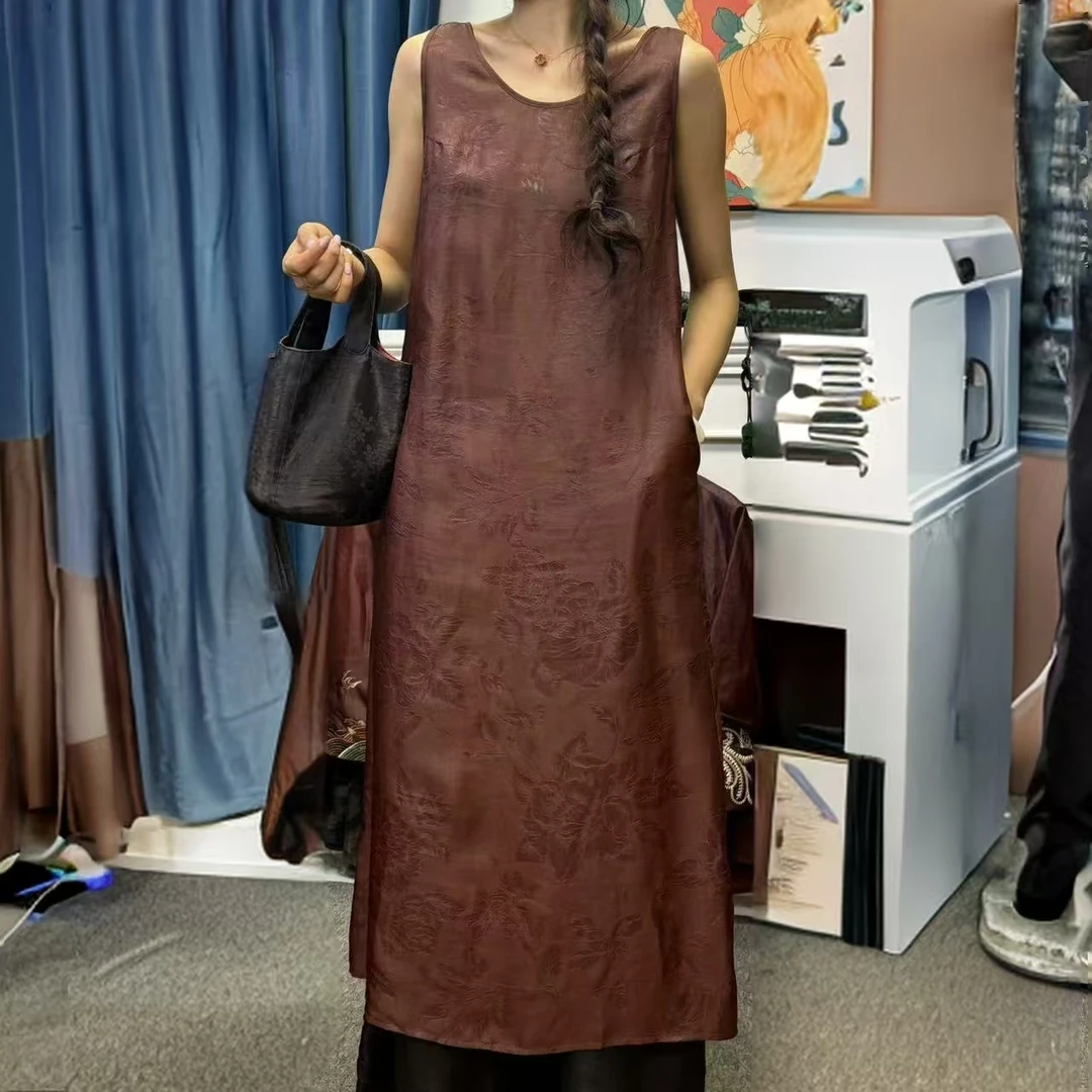 D家25962 花萝香云纱红色夏季特供款新品桑蚕丝背心裙