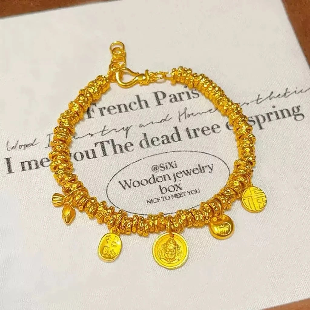 铜合金手链 轻奢铜合金新中式福字金坨坨盘缠手链