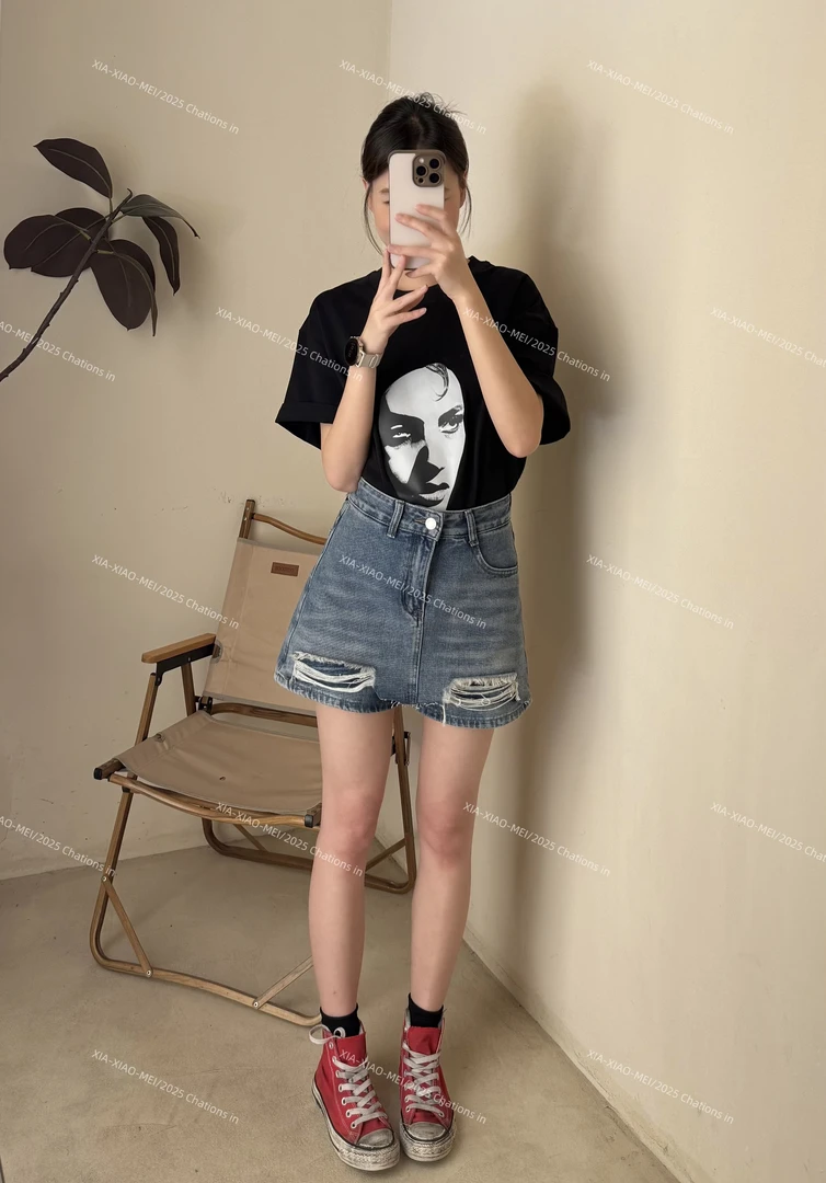 XIAOMEI ｜破洞毛边设计a字牛仔裙裤-5200