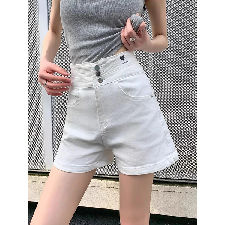 白色超高腰牛仔短裤女夏季新款排扣收腹显瘦辣妹阔腿包臀热裤