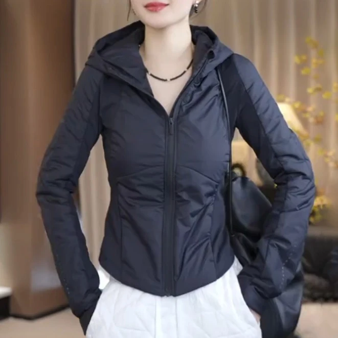 夹棉连帽短外套女2025秋冬新款修身气质小个子洋气轻薄夹克小棉袄