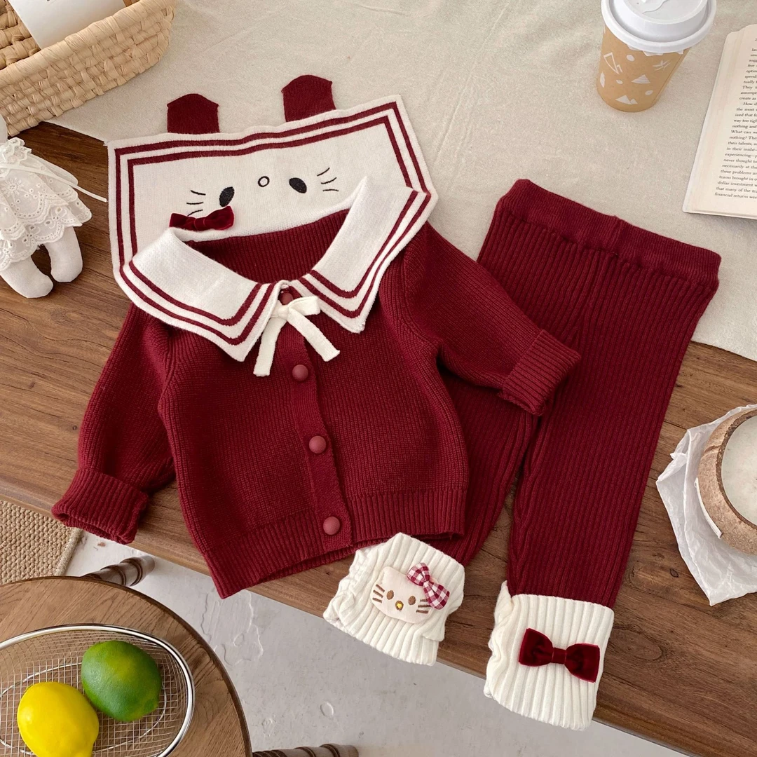 韩版新年衣服秋冬婴儿女童柔软毛衣可爱套装拜年服海军领两件套装