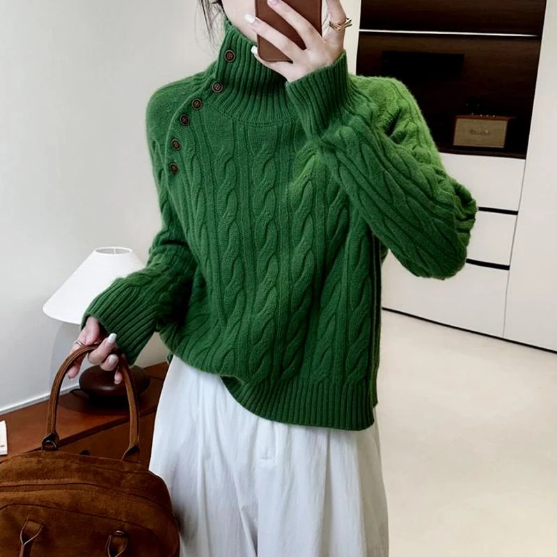 绿色高领麻花毛衣女款2025新款秋冬季慵懒高级感爆款外穿针织上衣