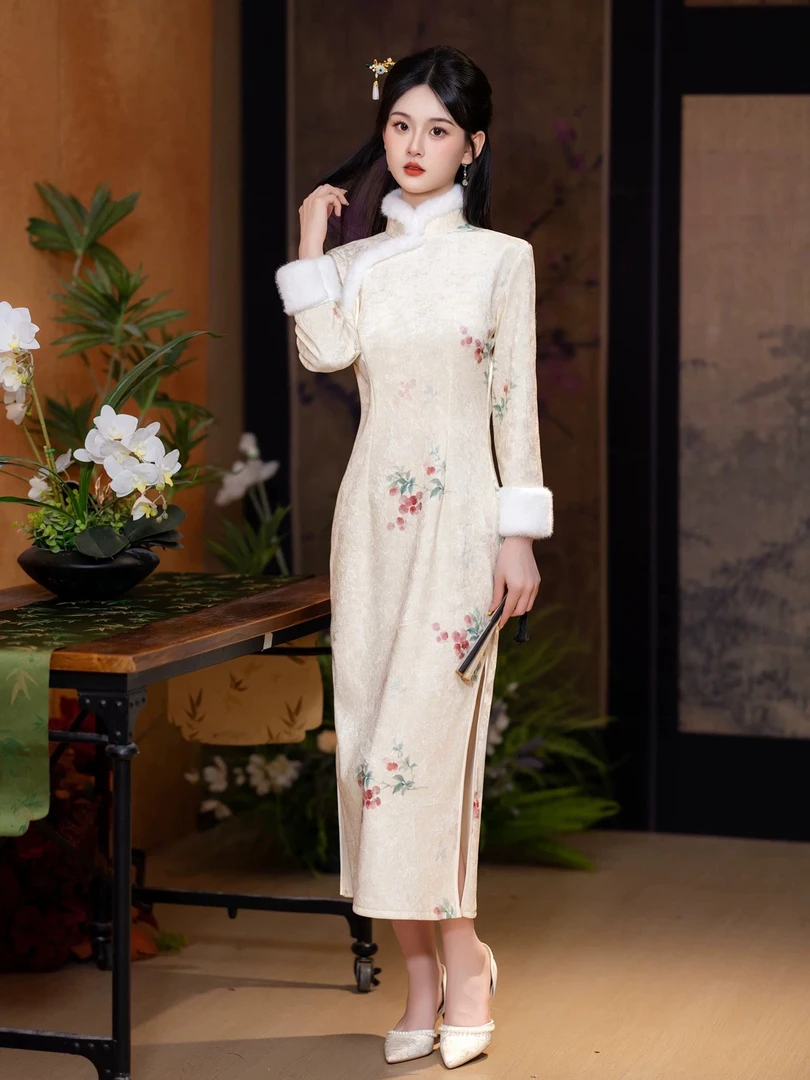 W-2223 小樱桃 钻石绒 冬款加绒加厚年轻款改良旗袍120cm长款