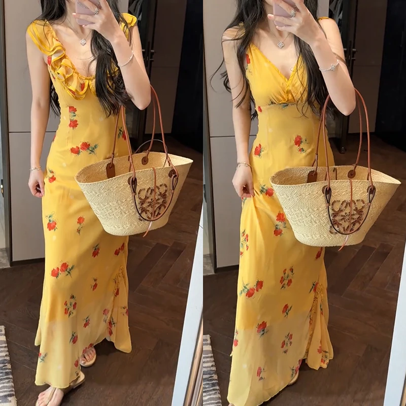 【mimius】七七 法式玫瑰V领荷叶边纯欲长款连衣裙 G04029