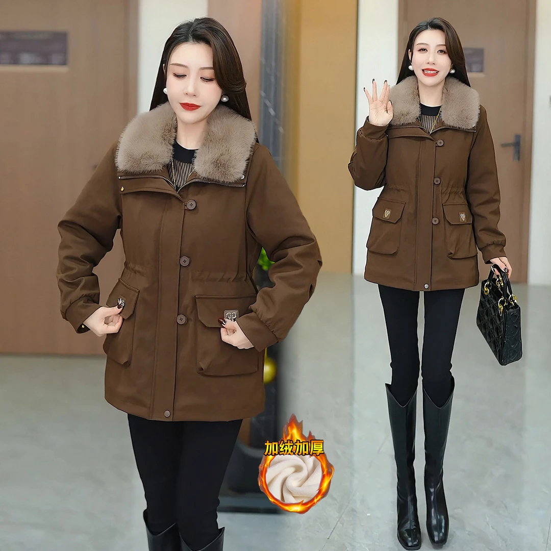 加绒加厚中长款派克服女今年冬季新款洋气宽松显瘦大毛领棉袄外套