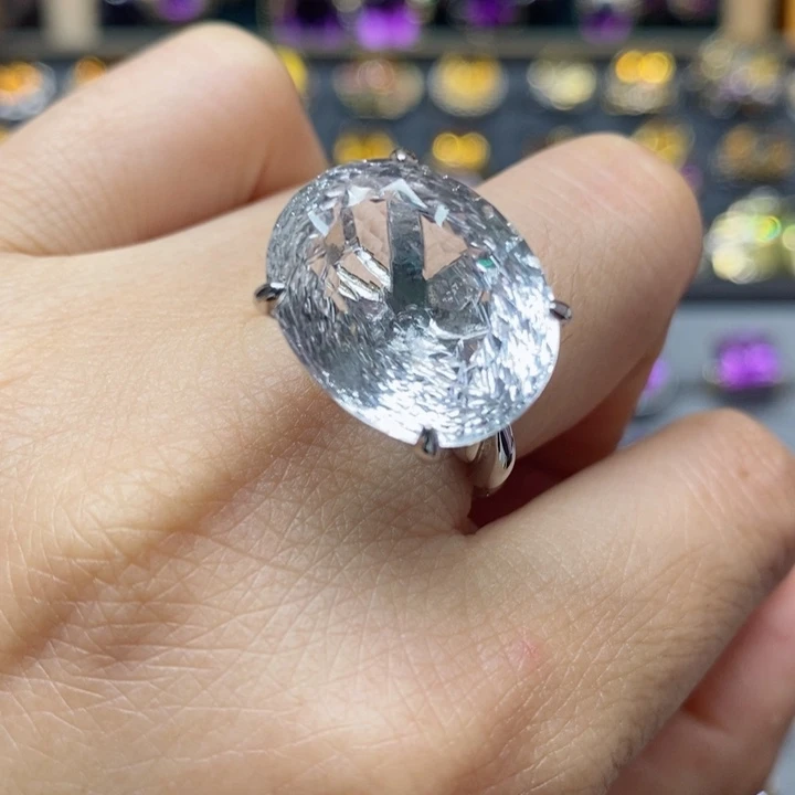 水晶戒指银S925镶嵌天然水晶戒指