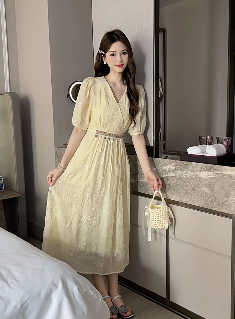 V领精致收腰连衣裙长裙2966