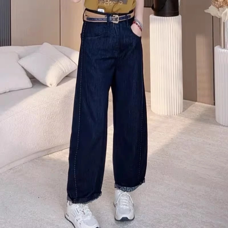 牛仔裤女2025夏季新款时尚复古高腰翻边直筒裤洋气百搭九分裤子潮