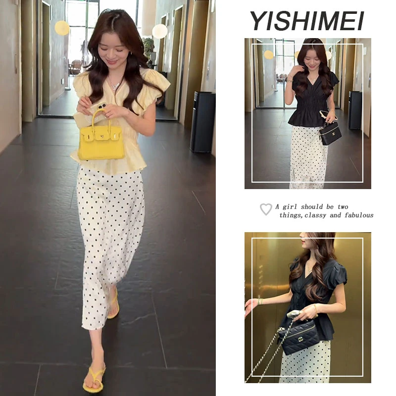 【现货】夏季时尚穿搭2025年新款韩系简约短袖上衣波点半身裙套装