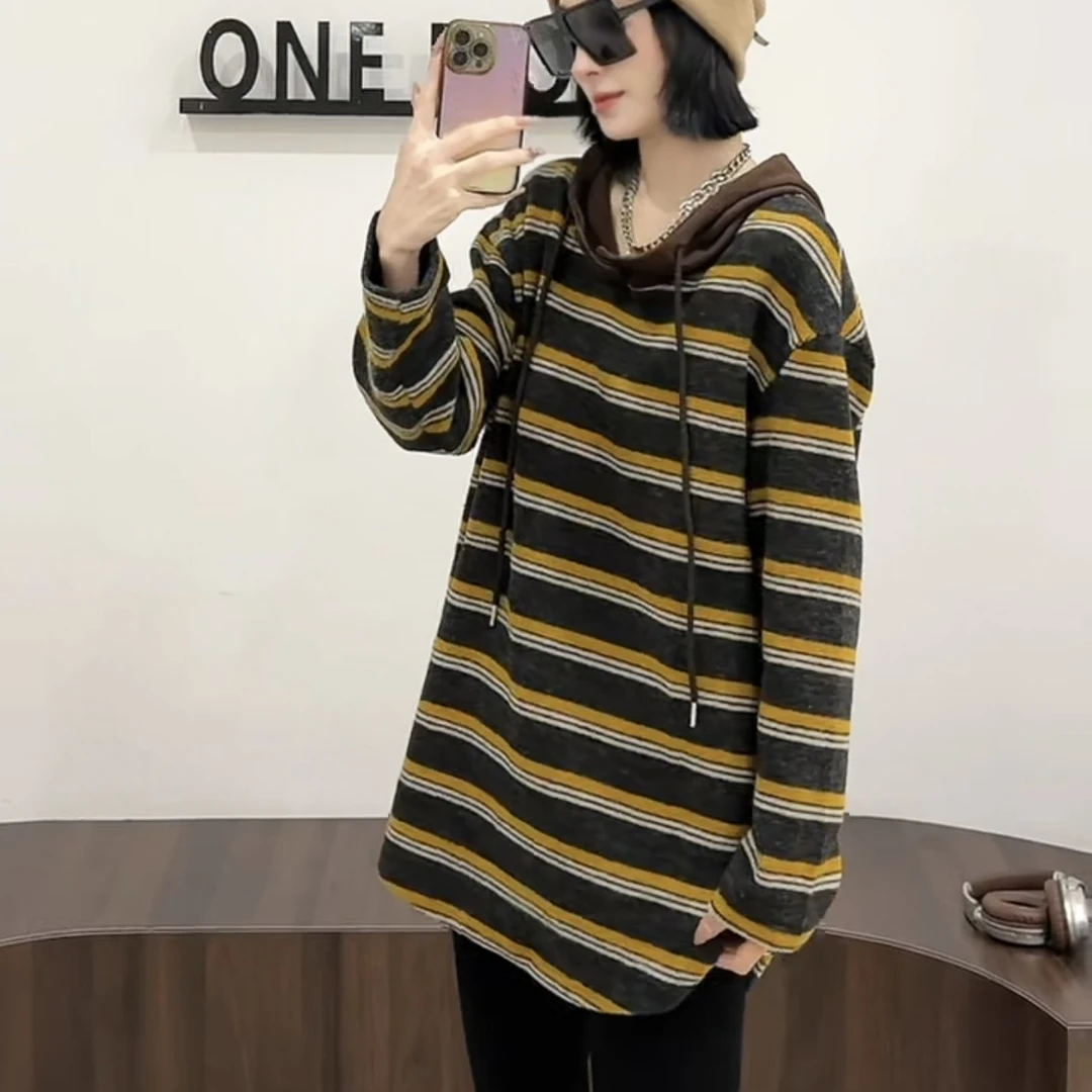 秋冬新款时尚加绒大T保暖中长款遮屁股长袖连帽条纹宽松显瘦卫衣