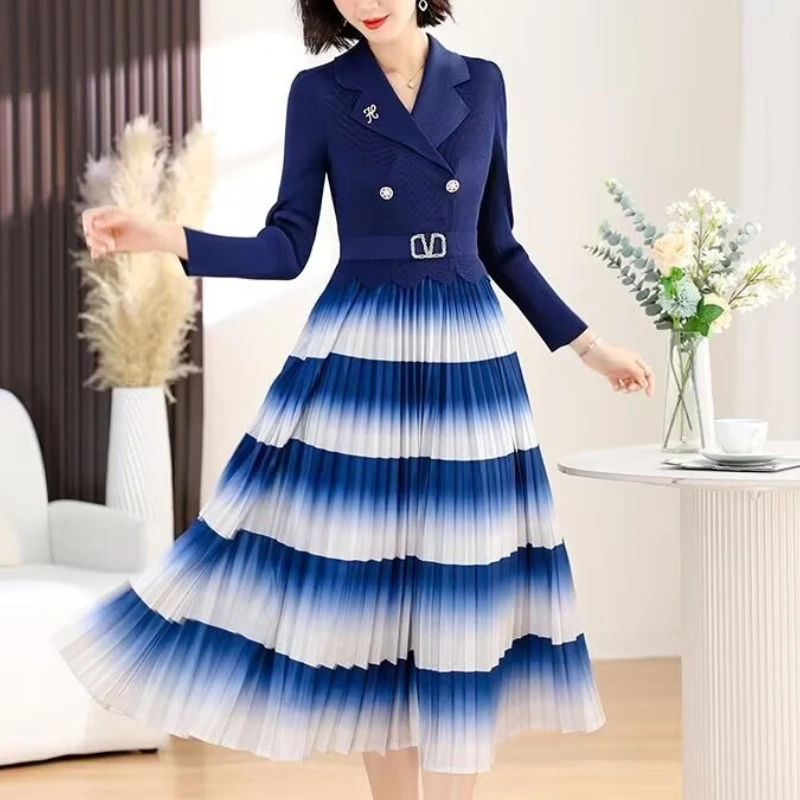 春新款优雅气质遮肉褶皱连衣裙时尚收腰渐变色假两件百褶裙S1376