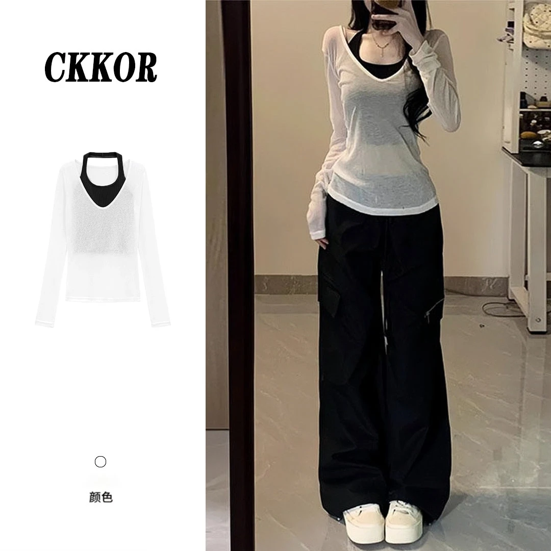 CKKOR新款夏季防晒罩衫套装辣妹短款背心百搭时尚纯欲风女上衣服