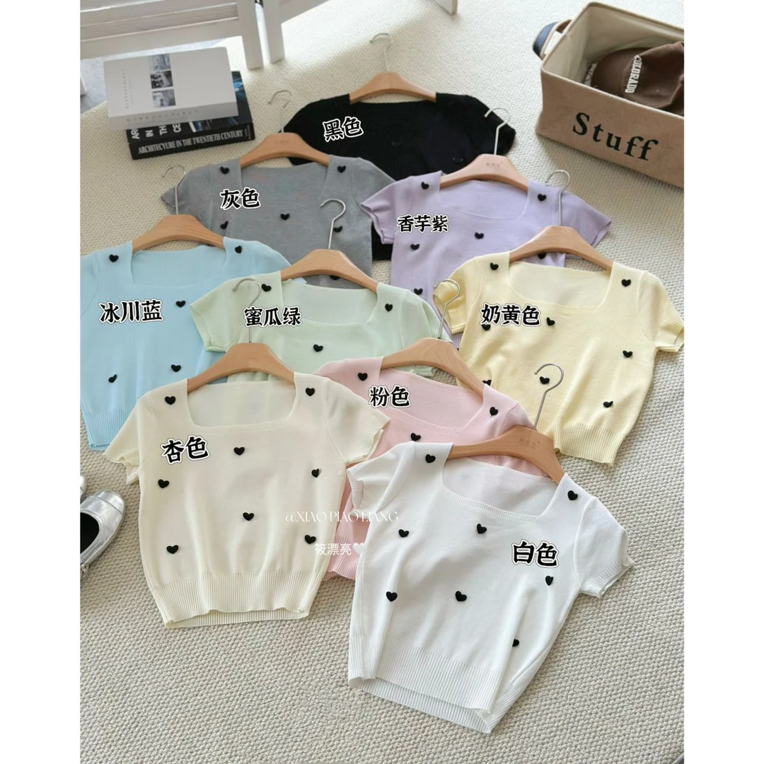 2025新款夏方领立体爱心装饰针织衫百搭欧若风短袖上衣36187#0.1