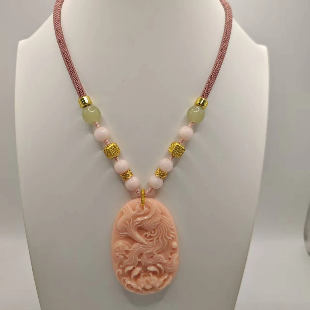 25号X105冻粉色雕刻凤凰项链