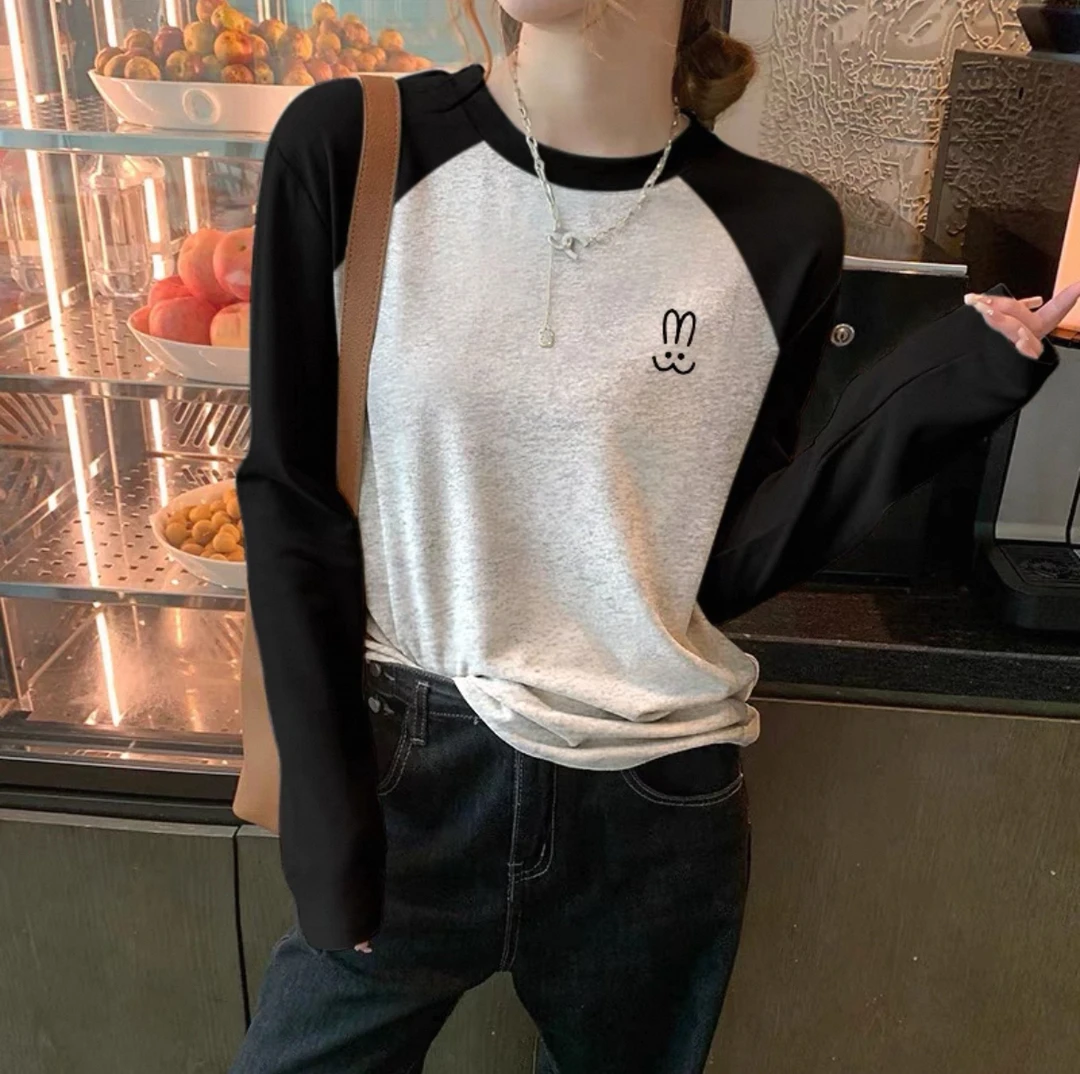 2025早春季新款百搭灰色长袖t恤女纯棉设计感小众上衣打底衫内搭