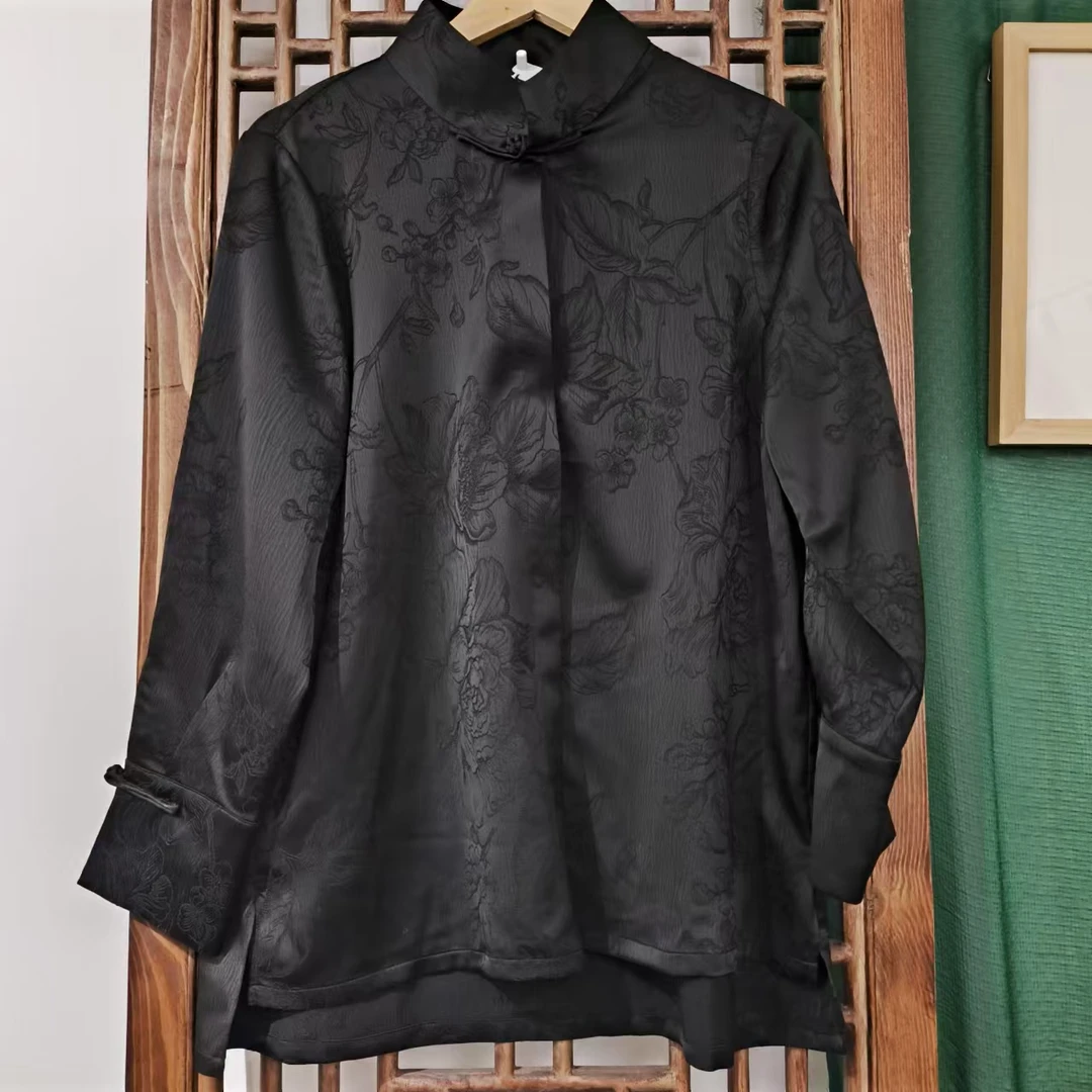 凤徕兮私人定制黑色暗纹立领盘扣衬衫上衣NS178