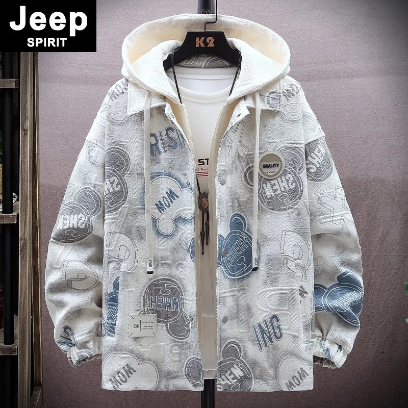JEEPSPIRIT假两件连帽外套男秋冬款卡通印花夹克男潮牌设计感褂子