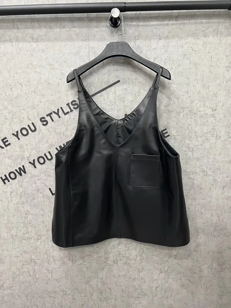 2025早春新款真皮吊带连衣裙纯羊皮A字设计感黑色显瘦减龄马甲裙