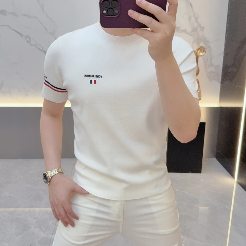 欧货轻奢男士针织冰丝短袖T恤纯色时尚夏季圆领半袖上衣百搭修身