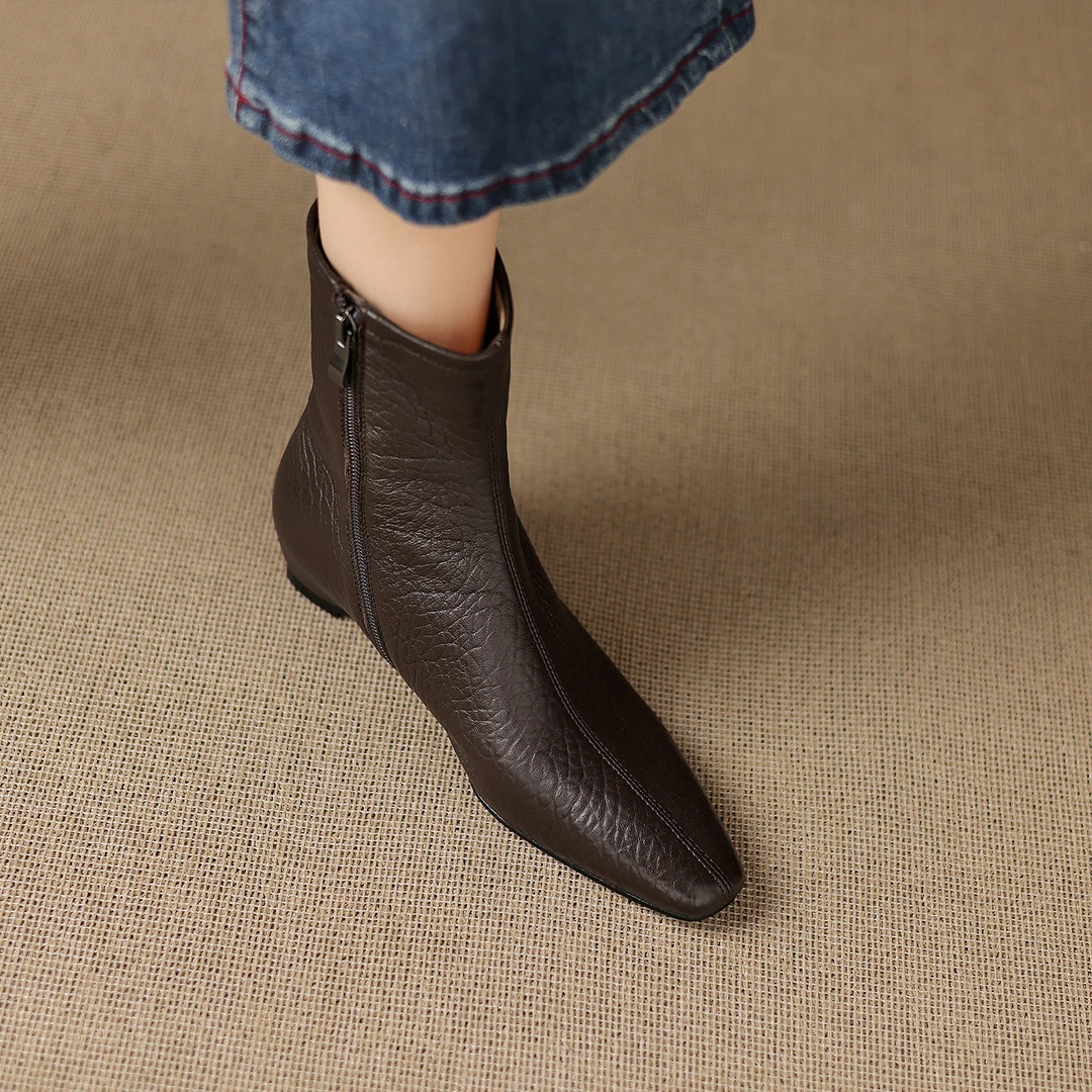 诗宝斐尔~软羊皮小方头内增高瘦瘦靴女低跟及裸靴秋冬平底短靴子