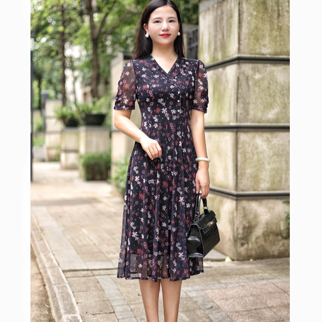 【夏日清凉】碎花修身气质妈妈装连衣裙#L700802H-81时尚洋气连衣裙