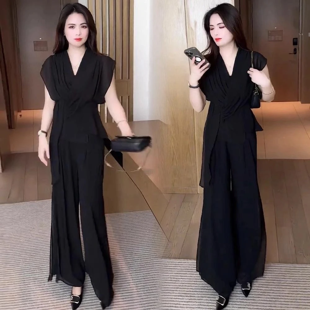 时尚套装女2025夏季新款气质V领收腰短袖上衣阔腿裤高级感两件套
