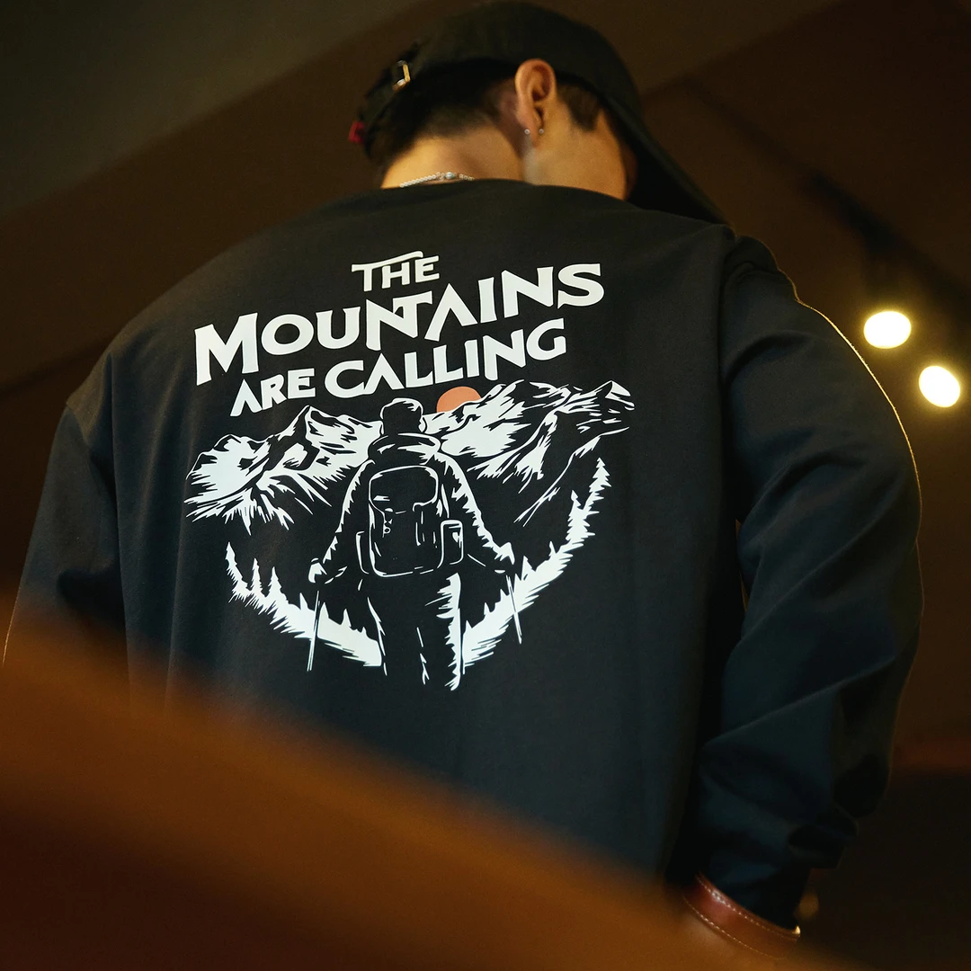 U&PURA高端精梳棉山系印花长袖t恤男2025秋季新款宽松圆领纯棉