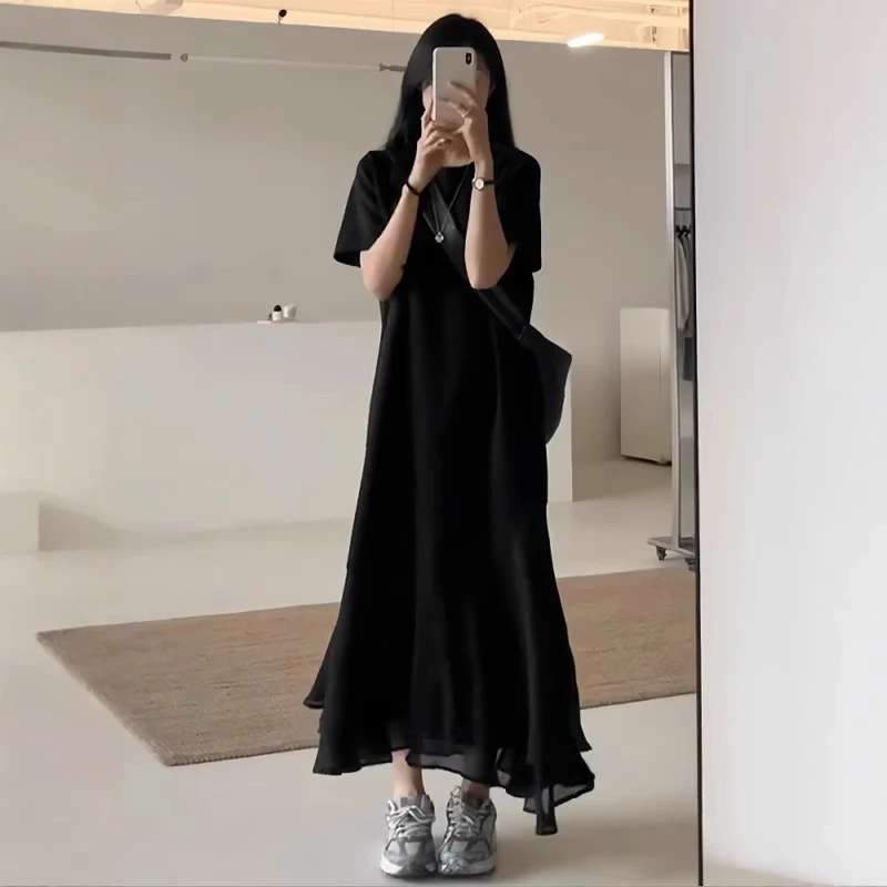 大码女装夏季法式赫本风鱼尾连衣裙胖mm小众设计感遮肉显瘦小黑裙