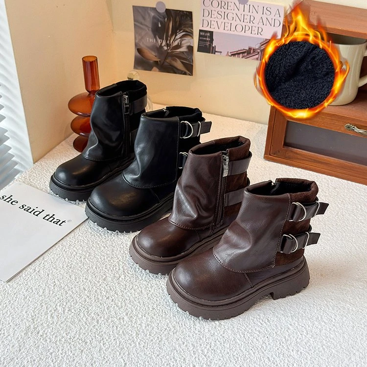 儿童加绒保暖马丁靴2025冬季女童堆堆靴时装靴加厚男童短靴小皮靴