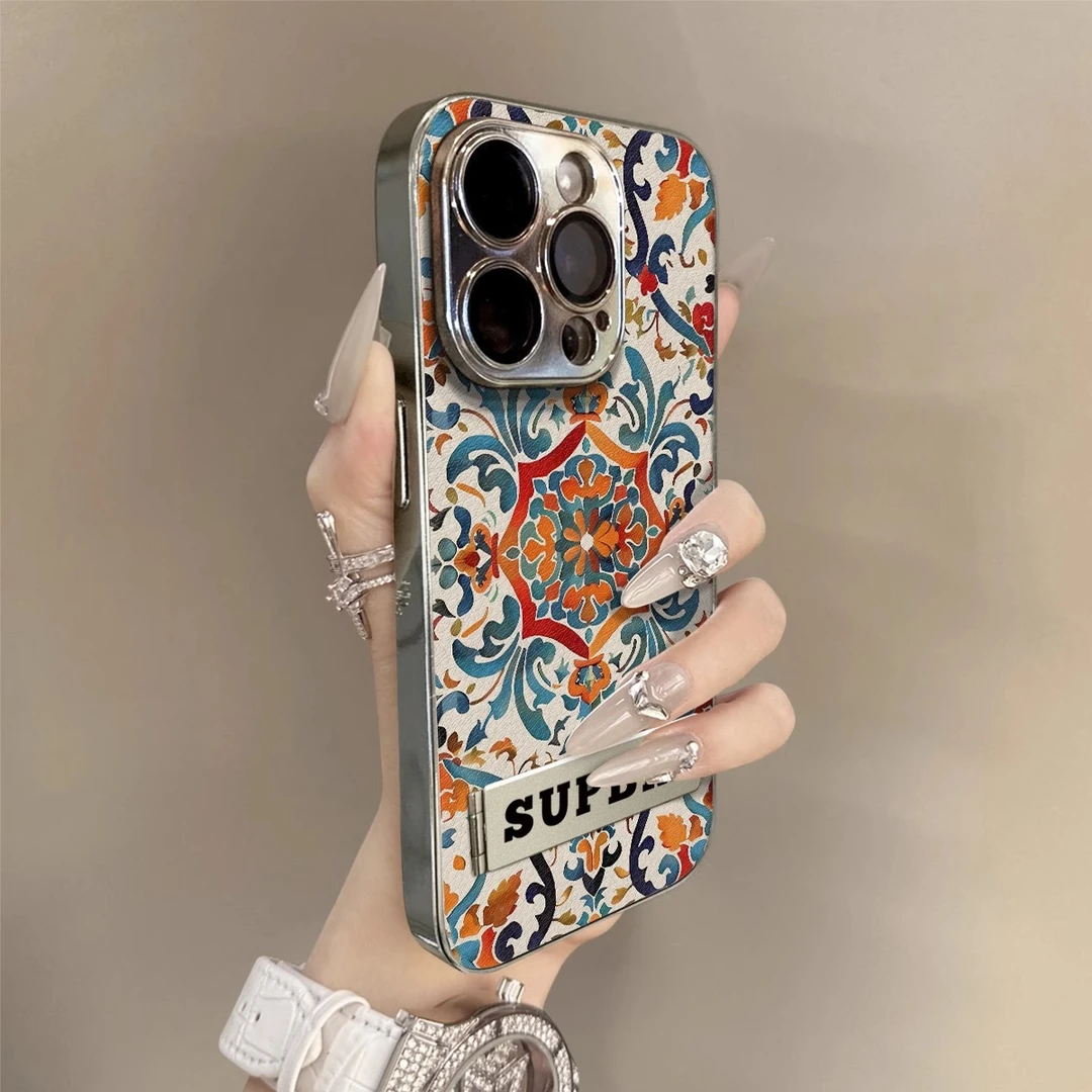 花卉图腾适用苹果16promax手机壳电镀iPhone 17promax保护壳15pro