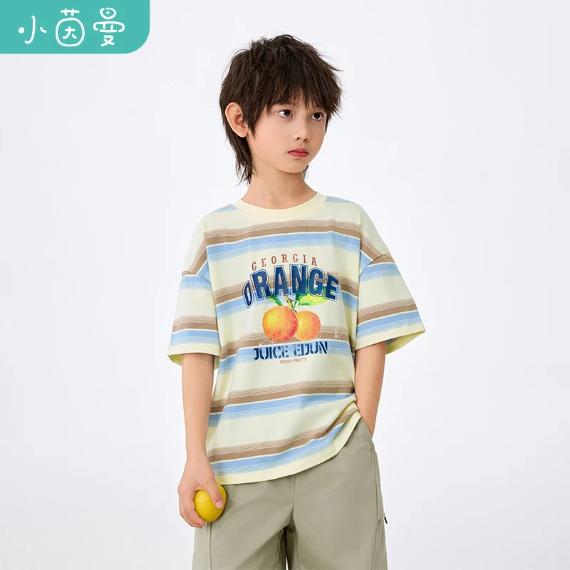 小茵曼男童条纹短袖t恤橙子印花2025秋圆领休闲半袖上衣BO3852021