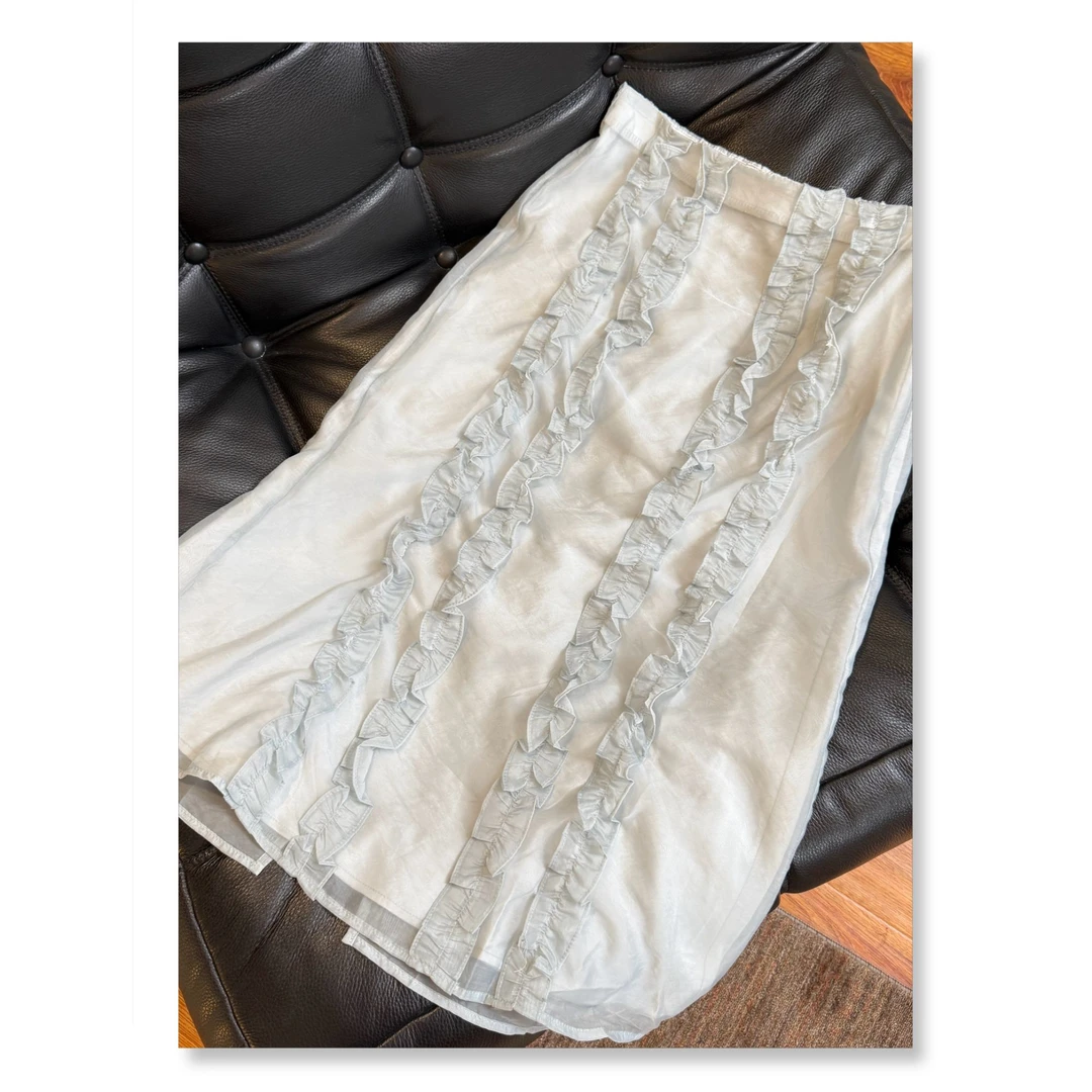 Uninhabitable 松紧腰！蓝色半身长裙薄款荷叶边中长裙半身裙