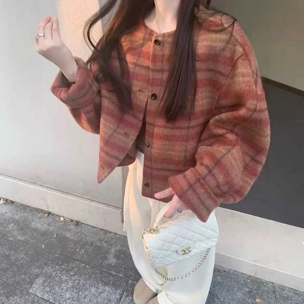 韩剧女主2025春时尚ins风阔版圆领加厚双面羊毛大衣小个子圆