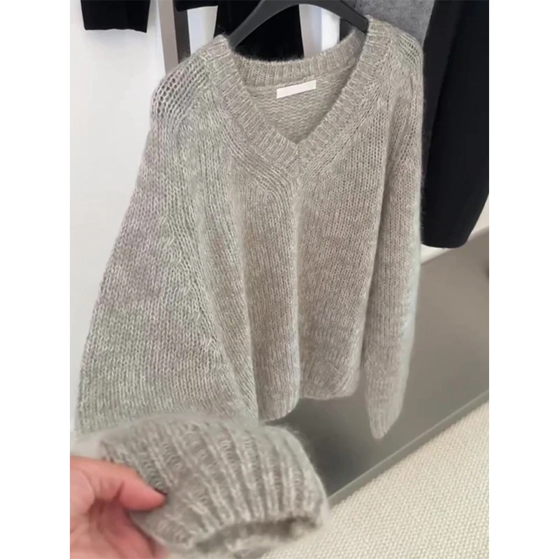 灰色v领长袖毛衣针织衫韩系chic轻奢女秋季款时尚慵懒风软糯小衫