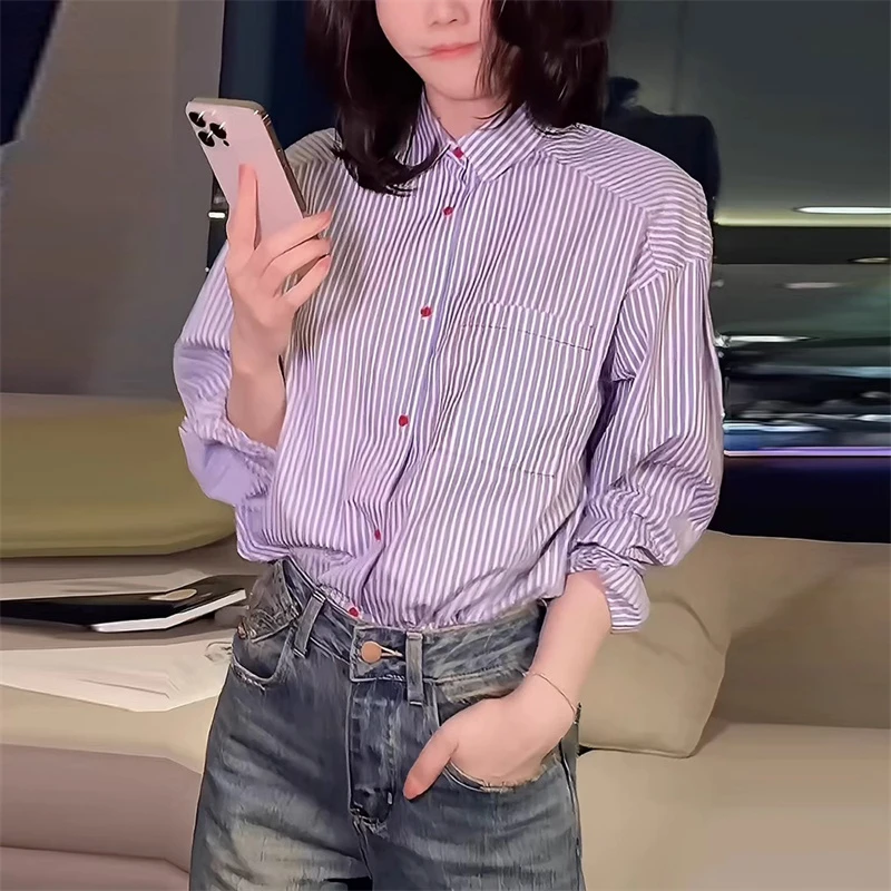 法式条纹POLO领长袖衬衫女2025春季新款慵懒风温柔气质洋气小上衣