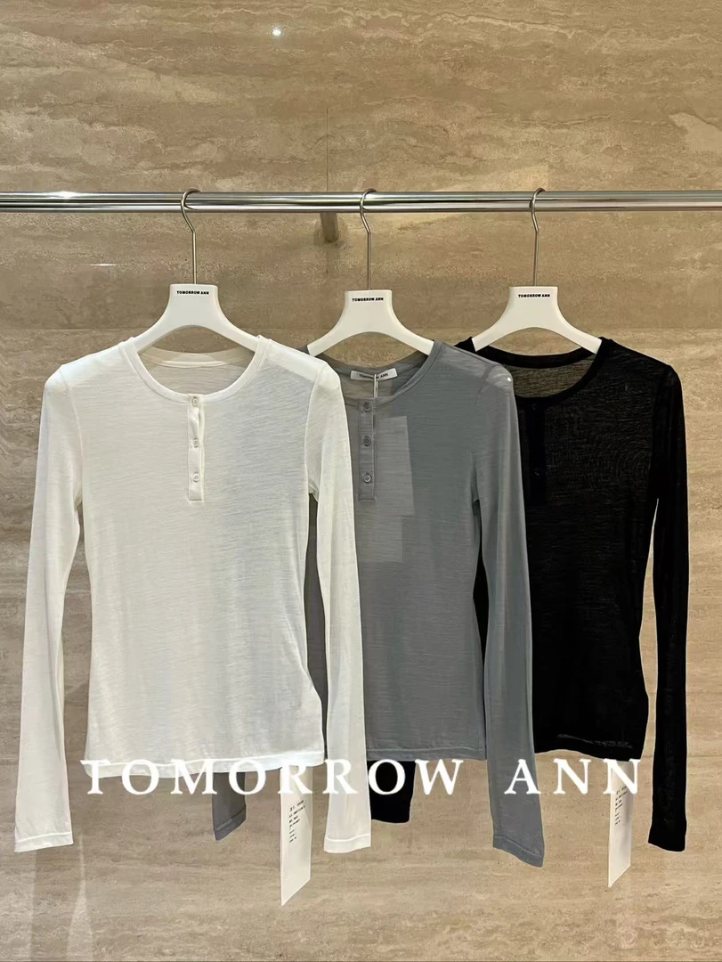 福秒-100美丽诺羊毛轻薄款小扣子！修身防晒打底T恤（TM10916#）TM
