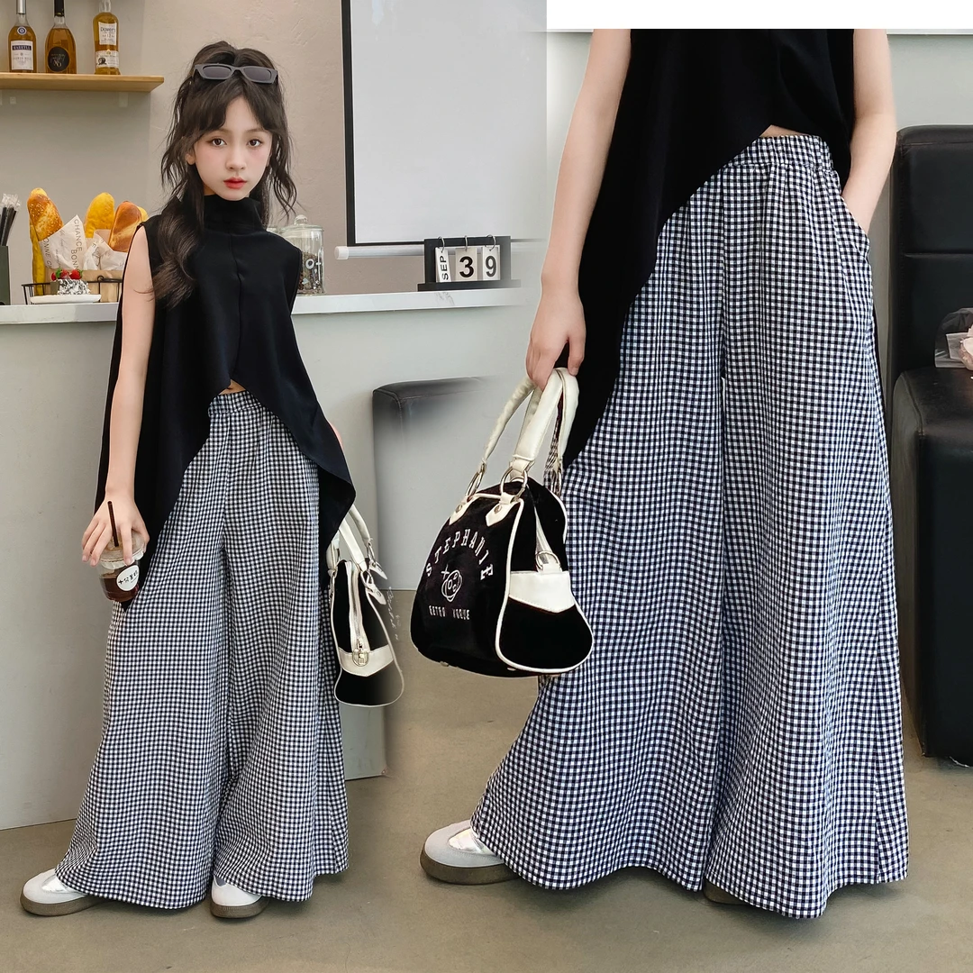 [专柜品质]女童裙裤套装2025新款儿童不规则夏季格子阔腿裤两件套