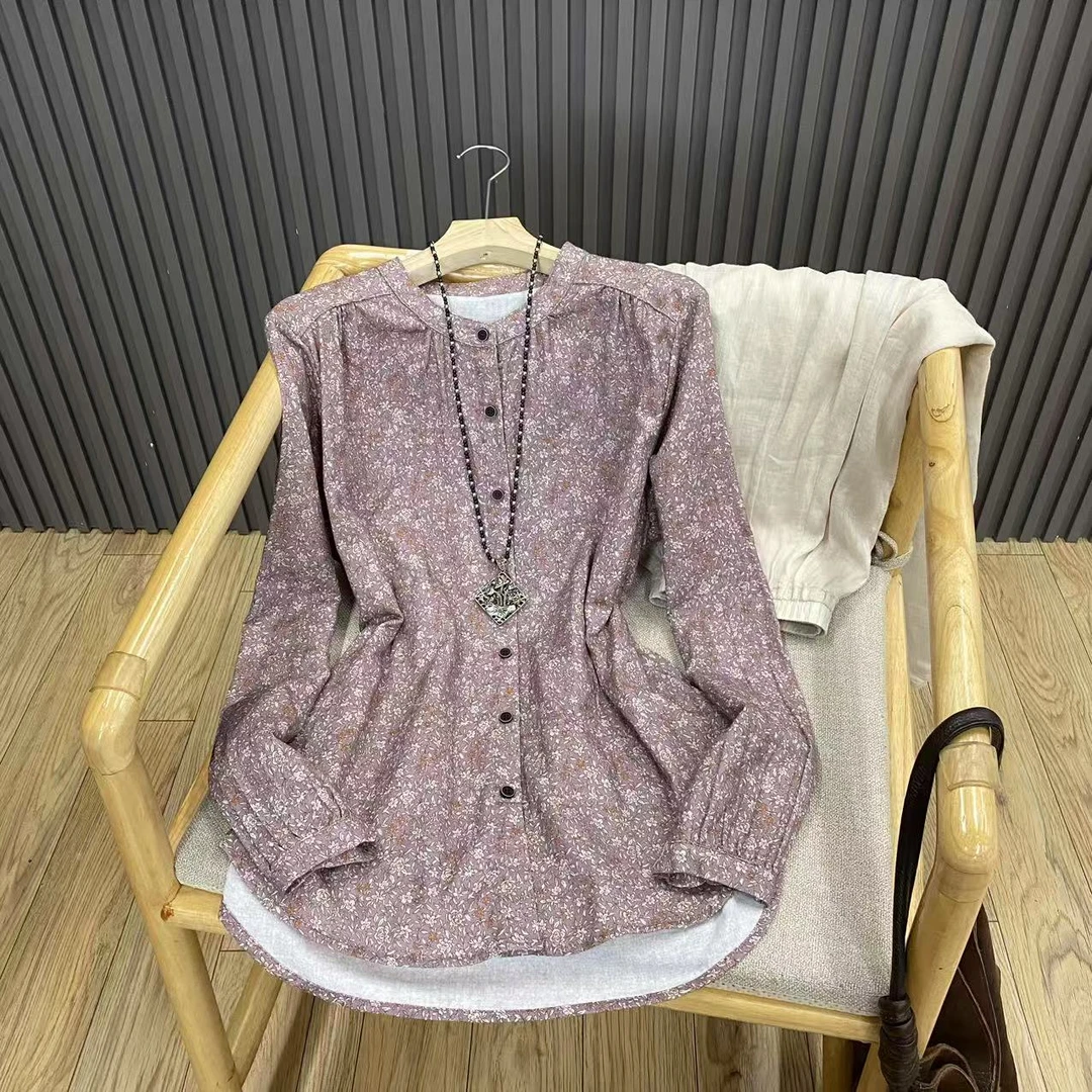 复古立领小碎花纯棉衬衫文艺百搭宽松印花打底叠穿上衣女C25010