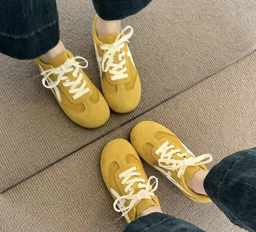 【推荐】发财黄女夏新款德训鞋薄底轻便透气网面休闲时尚平底女鞋
