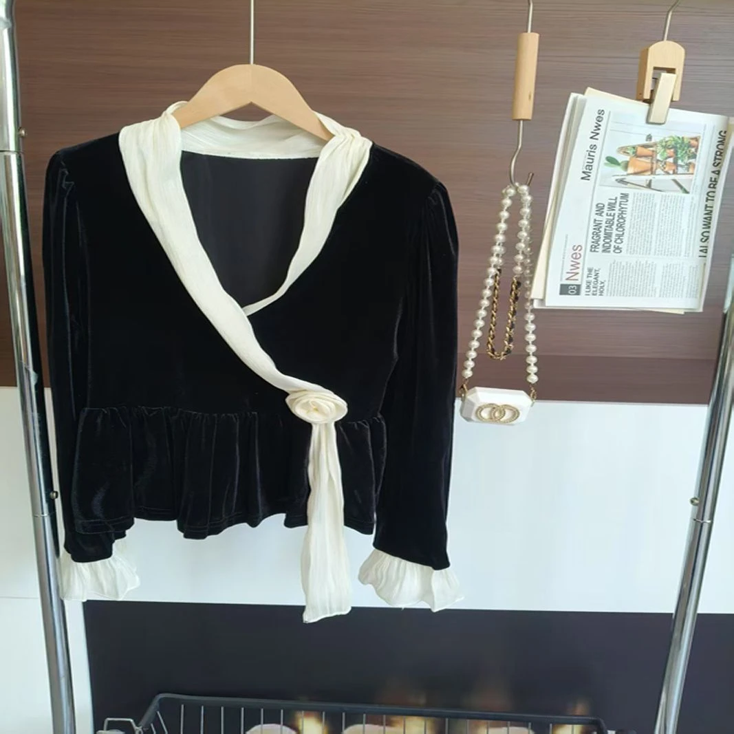 黑色丝绒设计感显瘦春秋季新款长袖衬衫设计感百搭月下玫瑰上衣