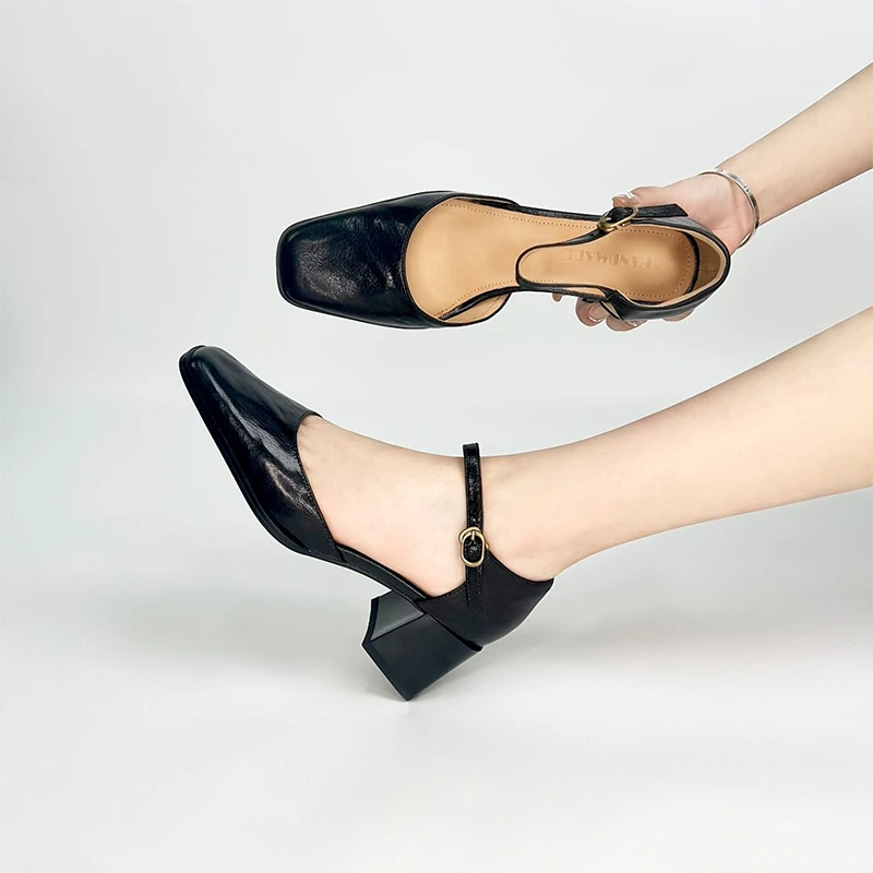5.5CM名媛风时尚简约气质凉鞋小众新款方头粗跟浅口一字扣带单鞋