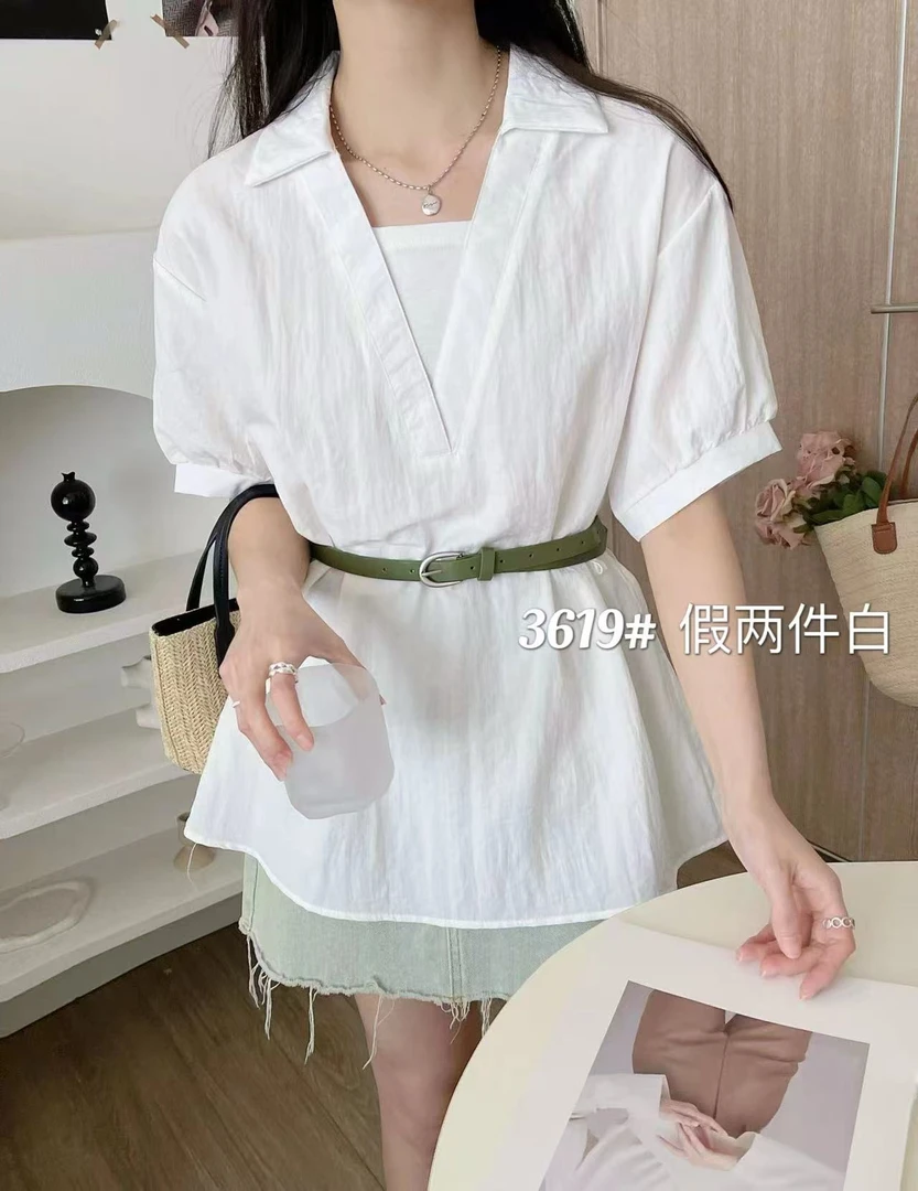 韩系V领短袖衬衫收腰设计吊带背心假两件配腰带时尚休闲上衣