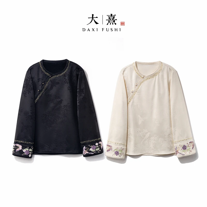 【云裳】2025新款打底上衣小衫女新中式宽松加绒加厚绣花长袖T恤衫