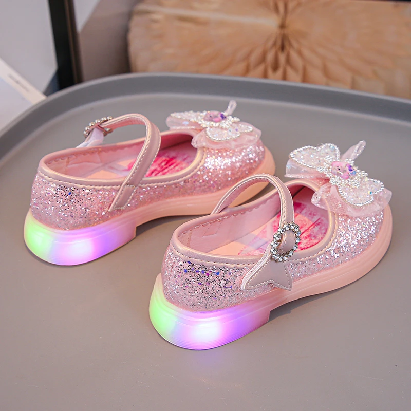 新款女童爱莎公主鞋子带灯水晶鞋小女孩时尚发光小皮鞋春秋单鞋潮