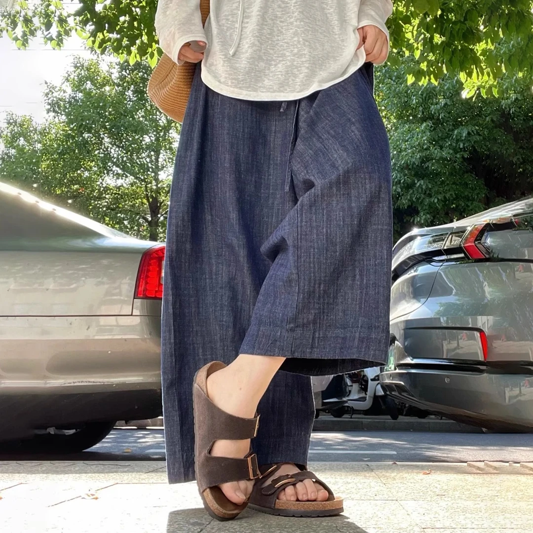 深蓝色慵懒风高腰阔腿直筒牛仔裤女薄款小个子梨型宽松显瘦九分裤