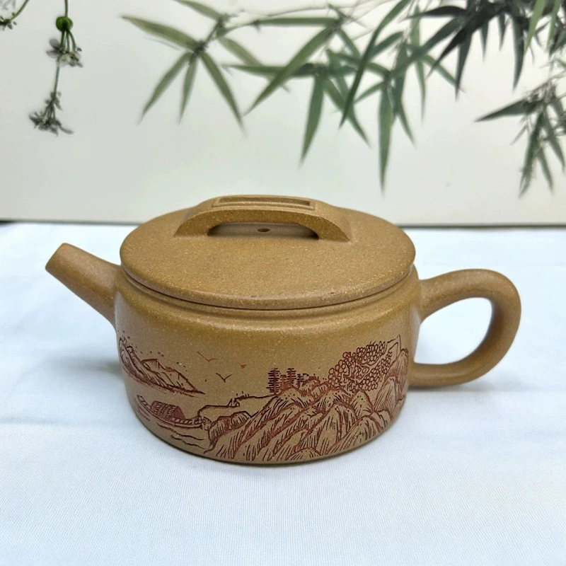小容量宜兴紫砂壶纯手工刻绘金黄段泥泡茶壶大口汉瓦150CC